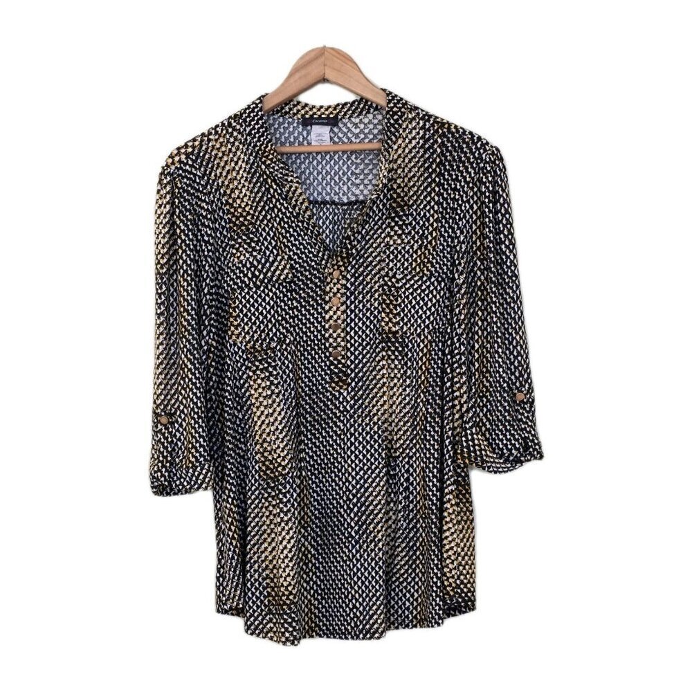 Cocomo Tunic Top Womens M Yellow Black White Henley 3/4 Roll Tab Sleeves Pintuck